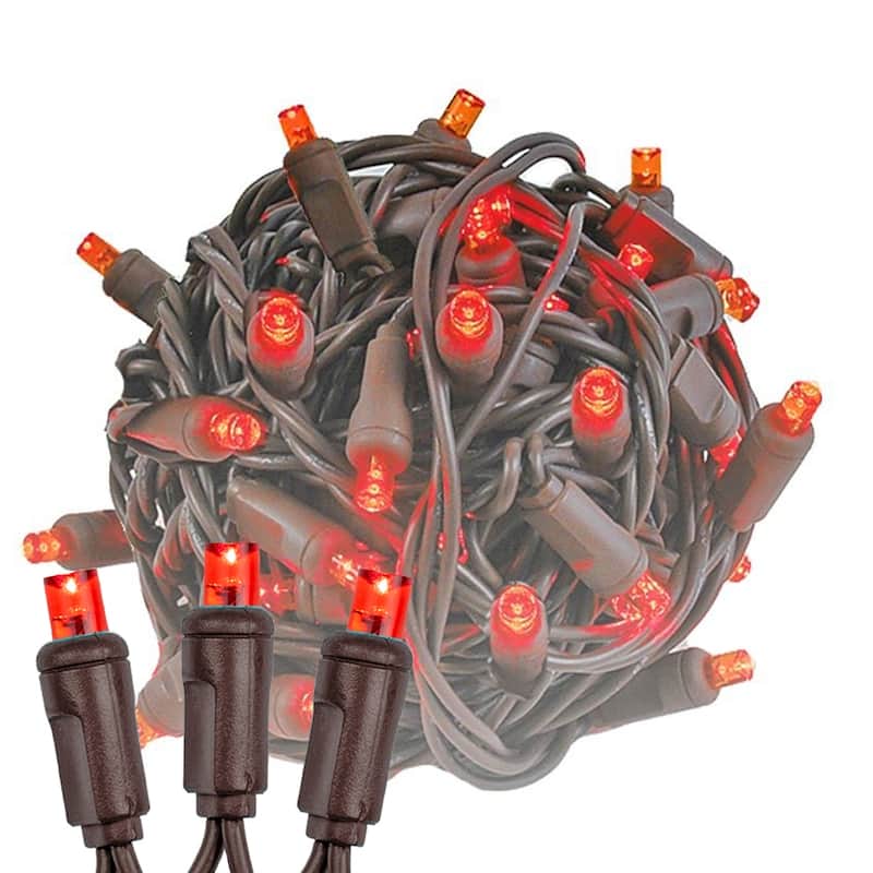 50 Light LED Christmas Mini Light Set, Patio Lights, Warm White, Brown Wire, 11’ - Red