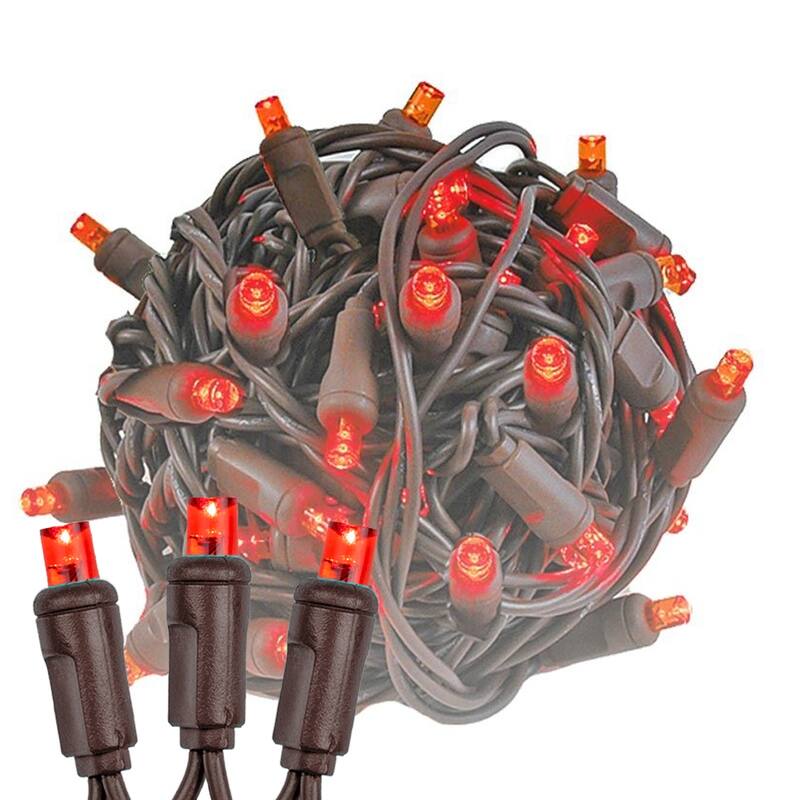 50 Light LED Christmas Mini Light Set, Patio Lights, Warm White, Brown Wire, 25’ - Large - Red