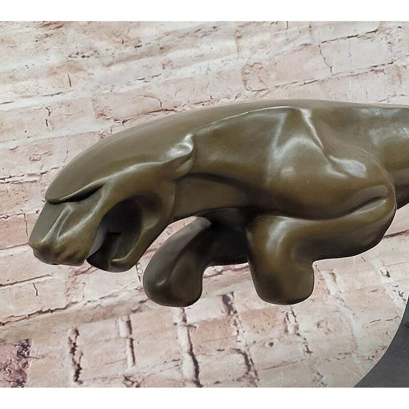 Art Deco Style Leaping Panther Bronze Sculpture On Marble Base
