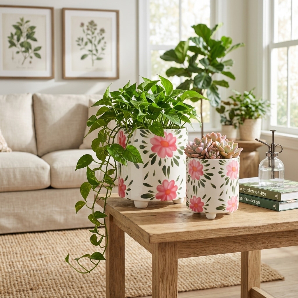 Plant Pot Set of 2 - Ceramic Floral Design, Footed, 6/8"