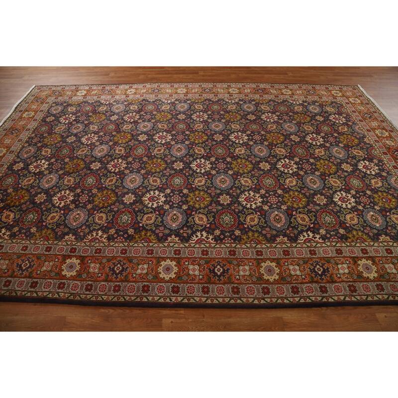 Hand Knotted Oriental 100% Wool Carpet Traditional Floral Navy Blue & Blues Tabriz Area Rug - 11' 5'' X 7' 7''