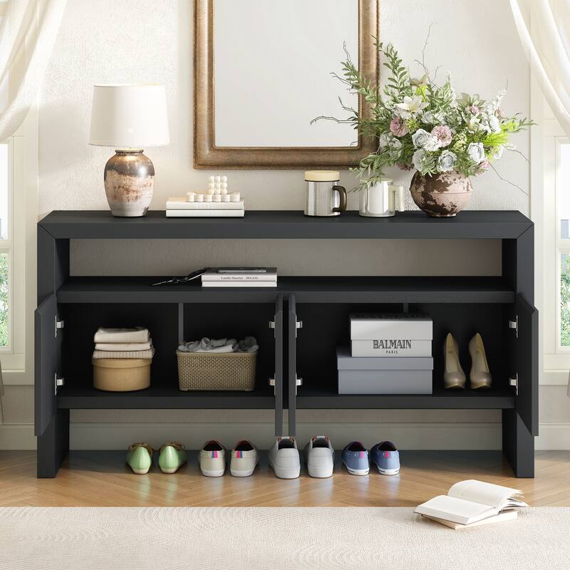 4-Door Sideboard, Modern Minimalist Solid Wood Veneer Sideboard with Open Shelf