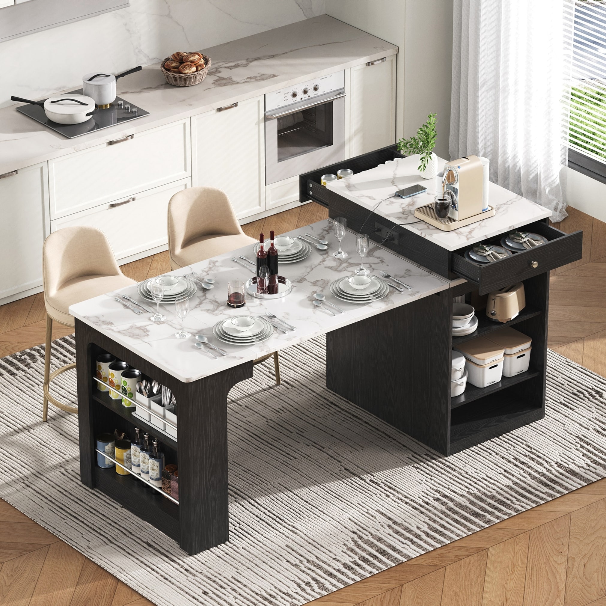 Kitchen Storage Table with Double-sided Storage, Kitchen Island with 2 Drawers