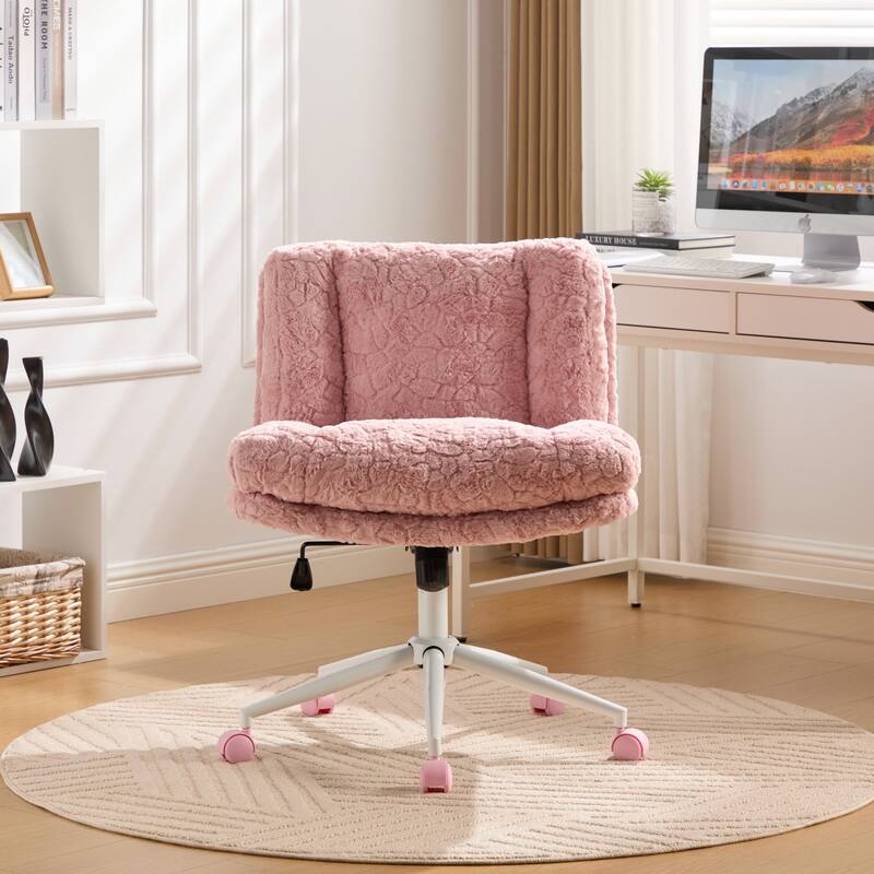 Roomfitters Wide Faux Fur Office Chair, Adjustable Swivel Desk Chair with White Metal Base, Cozy Upholstered Vanity Chair - Pink