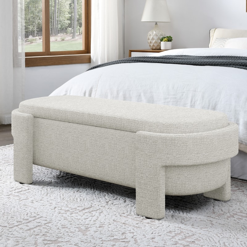 Linen Fabric Upholstered Bench with Large Storage Space for the Living Room, Entryway and Bedroom - Beige Stripe