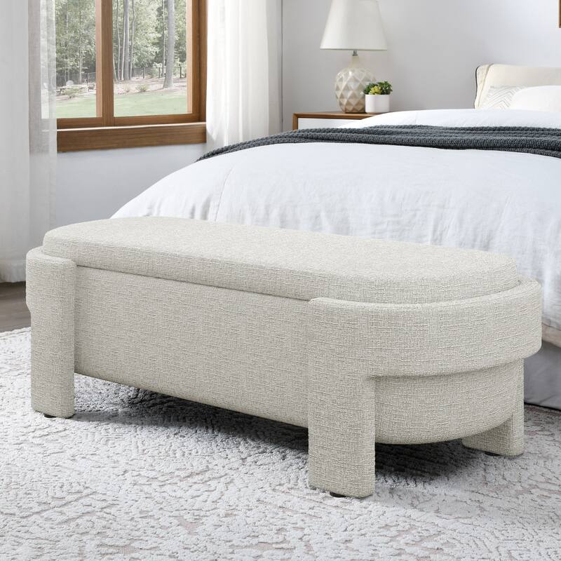 Oval End of Bed Bench, Linen Fabric Upholstered Storage Bench, Entryway Bench with Hidden Storage Space & Support Legs