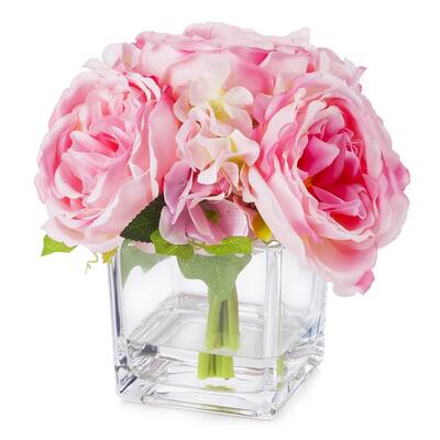 Enova Home Artificial Mixed Silk Peony and Hydrangea Fake Flowers in Cube Glass Vase with Faux Water for Home Decoration