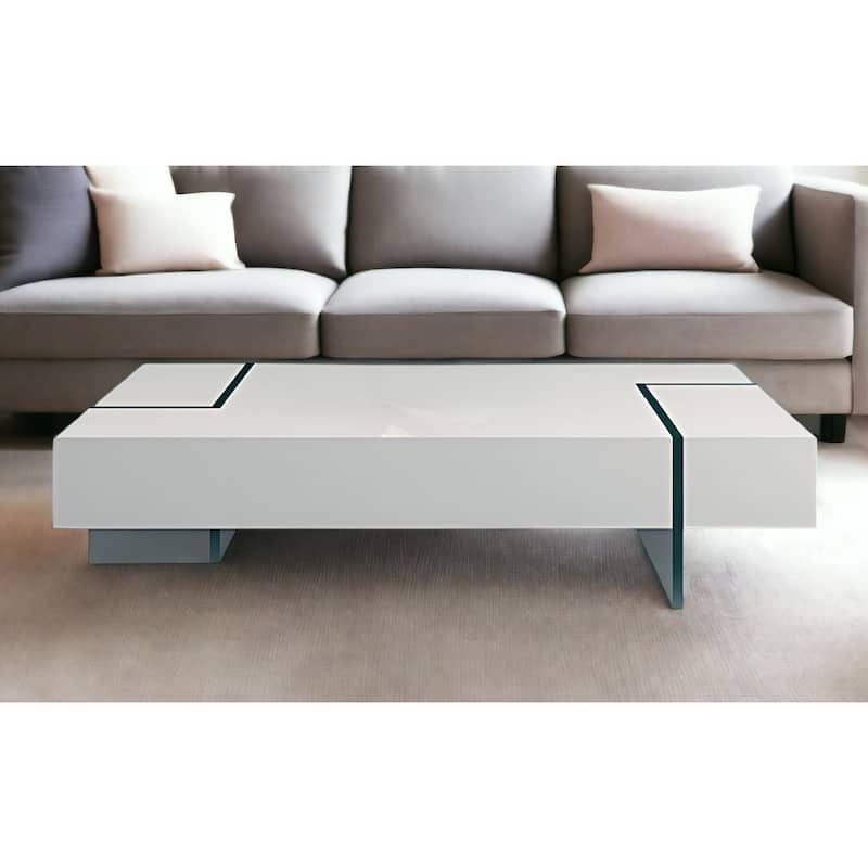 HomeRoots 53" White And Clear Wood And Glass Sled Coffee Table - 53' X '12' X '28 - White