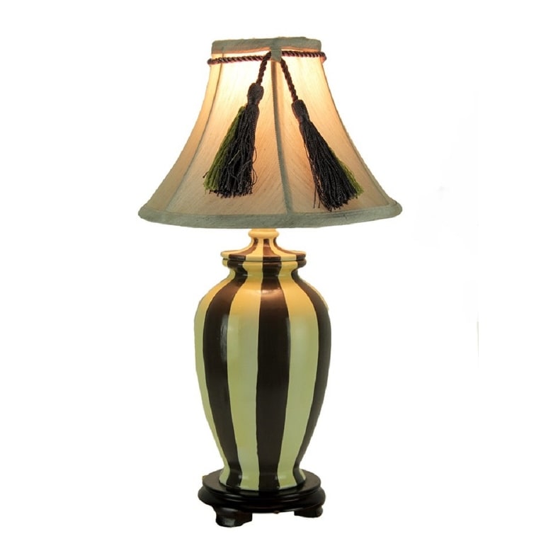 Vertical Striped Small Ceramic Table Lamp With Tassel Shade - 17.5 X 10 X 10 inches