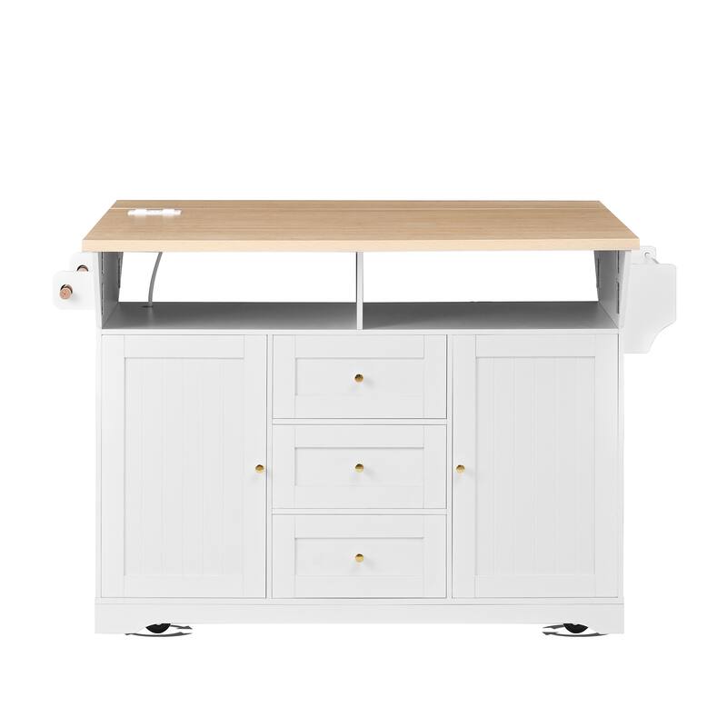 GDFStudio - Weston Modern Extendable Kitchen Island Cart with Outlet and Storage Drawers