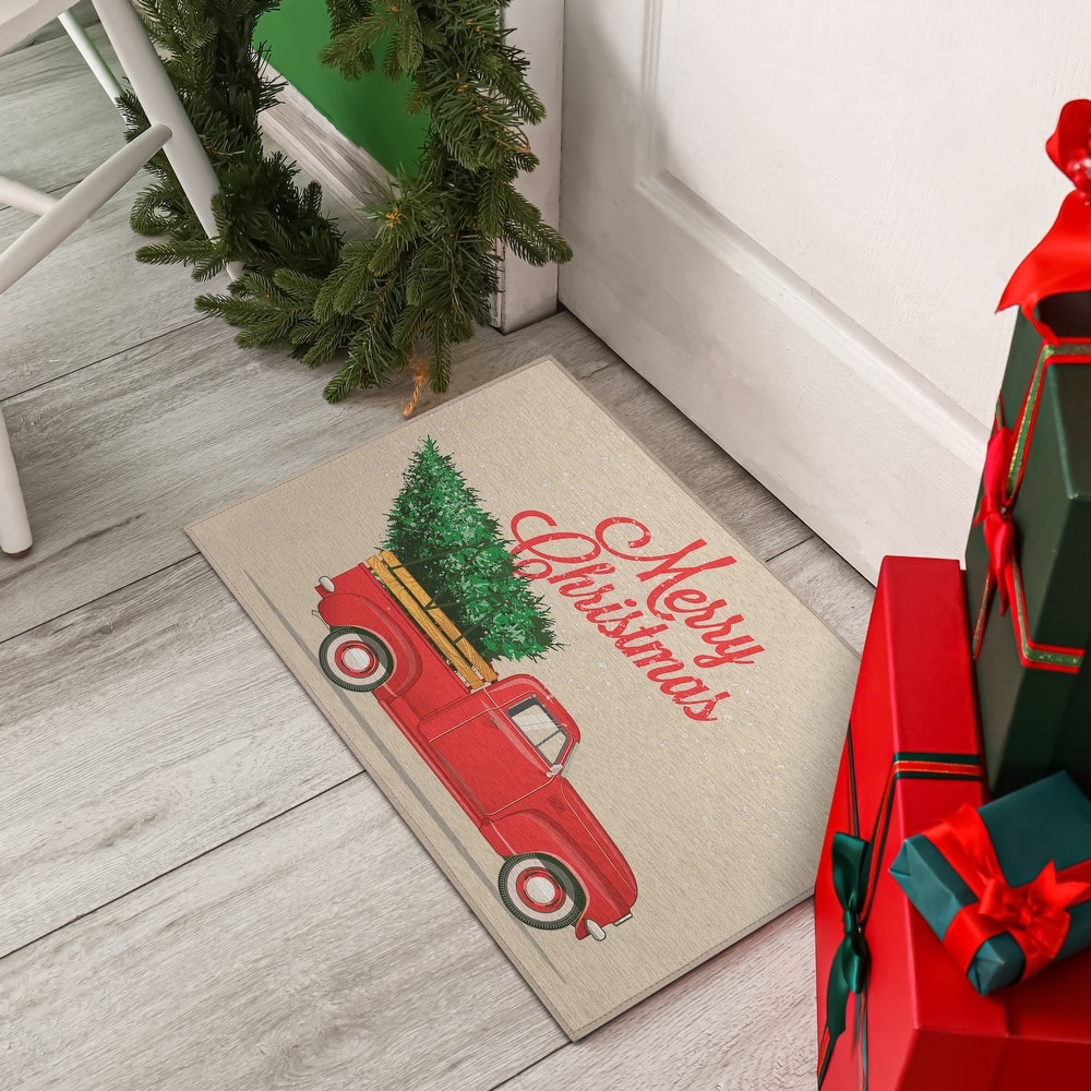 Indoor/ Outdoor Cozy Winter Red Washable Christmas Truck Rug