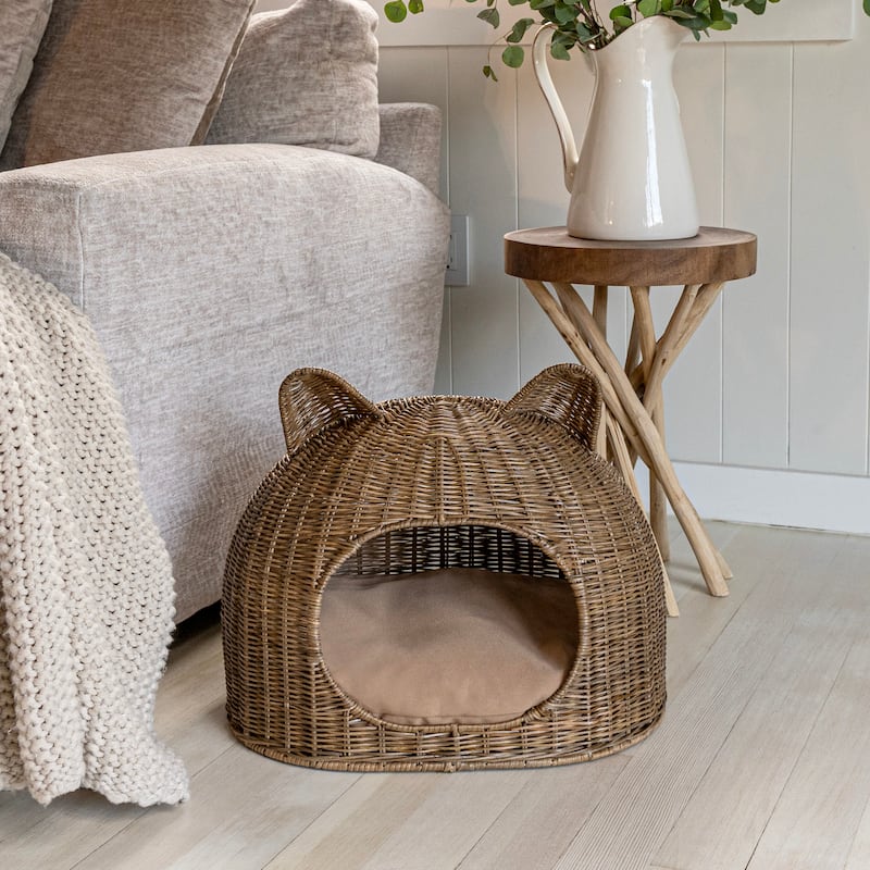 Cat Ear 20" x 14.5" Coastal Handwoven Rattan Cat Bed with Machine-Washable Cushion, Natural
