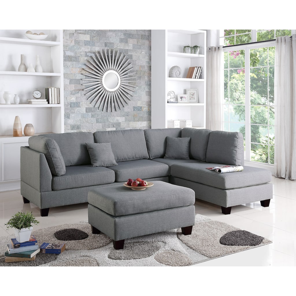 3 Piece Sectional Sofa with Ottoman in Grey