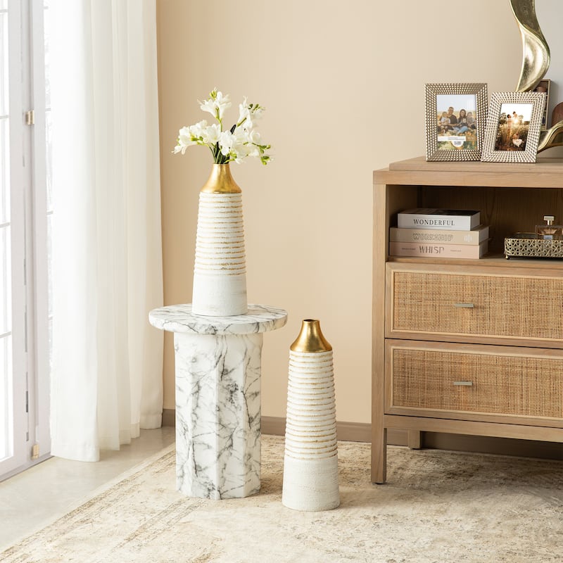 Glitzhome Set of 2 Modern White and Gold Metal Floor Vases - Arched texture