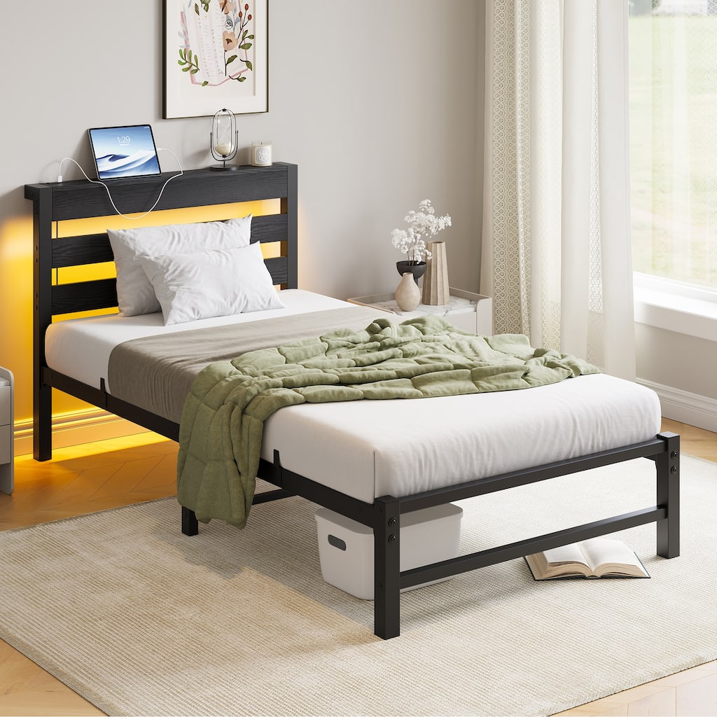 Twin Size Modern Metal Bed with Wooden Headboard,RGB Lights and Storage Shelf for Bedroom