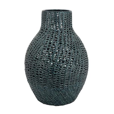 Fila Decorative Vase, 20 Inch Braided Cut Out Ceramic Body, Teal Green