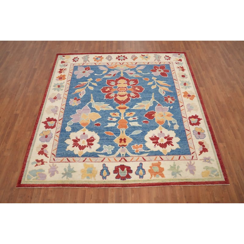 Hand Knotted Oriental 100% Wool Carpet Transitional Floral Navy Blue & Blues Oushak Area Rug - 7' 11'' X 8' 0''