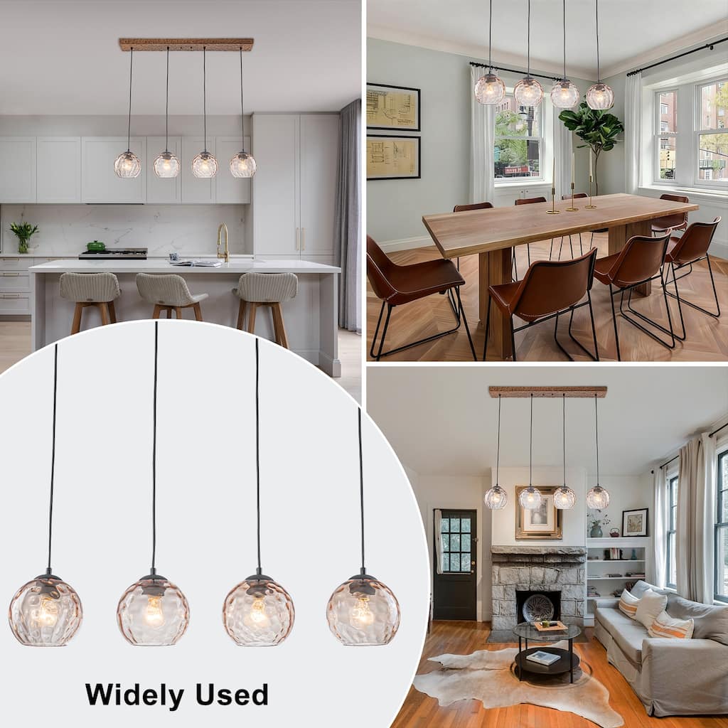 36.61 inch 4-Light Vintage Wood Pendant Lights with Amber Glass Shades - Dia.36.61-in