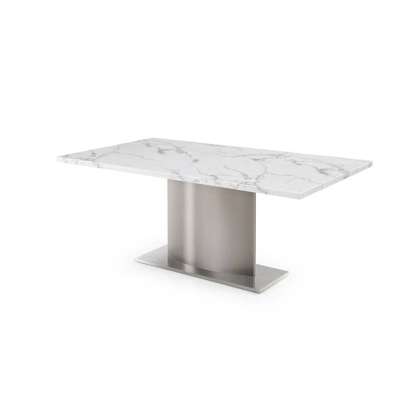 HomeRoots 72" Gray White and Silver Marble and Stainless Steel Pedestal Base Dining Table - 72.00 in. x 30.00 in. x 40.00 in.
