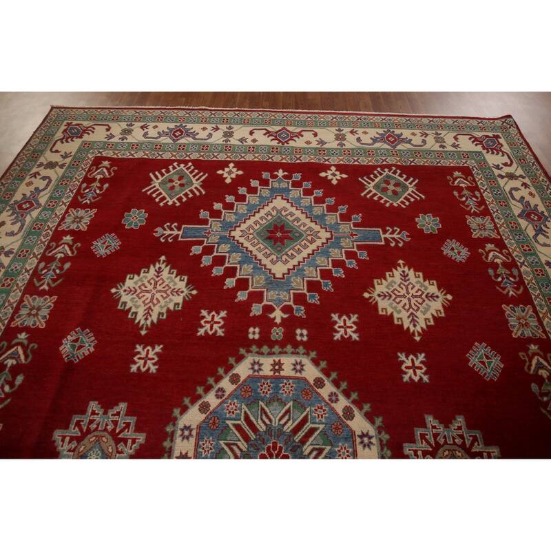 Red Geometric Kazak Oriental Area Rug Handmade Traditional Wool Carpet - 9'7" x 13'1"