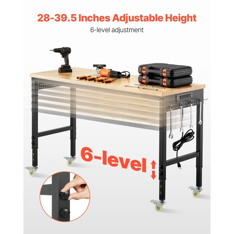 Black and Natural Oak Adjustable Height Workbench with Power Strip, Casters and Hooks - Black-Natural