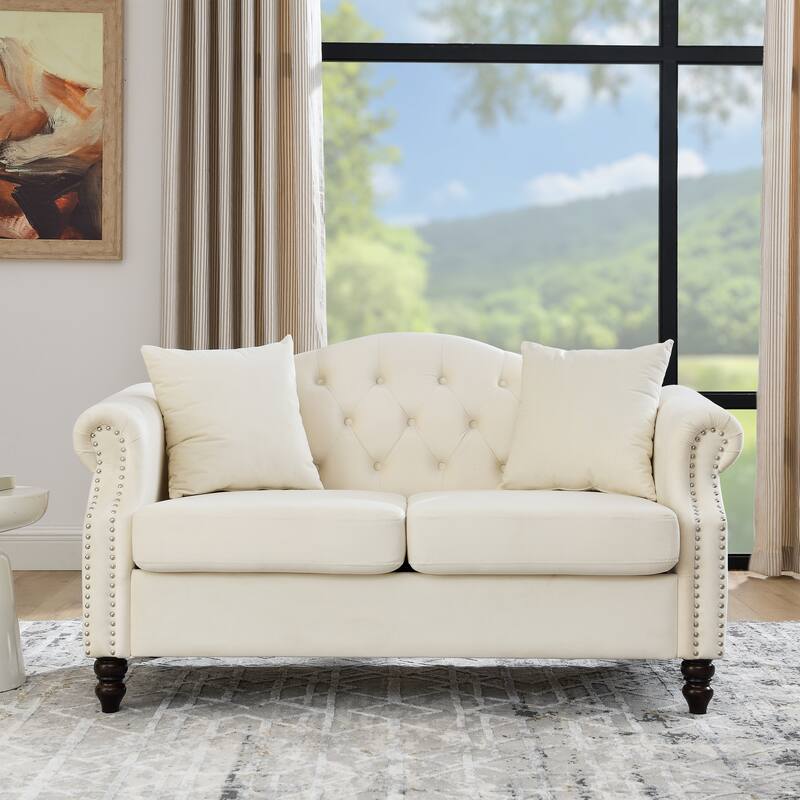 Chesterfield Velvet Sofa, Upholstered Loveseat Sofa with 2 Pillows, Tufted 2 Seater Sofa with Rolled Arms & Nailhead Trim - Beige