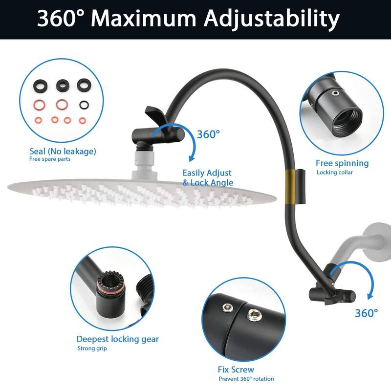 Bathlet 12" Rain Shower Head with Adjustable Height & Distance Extension Arm