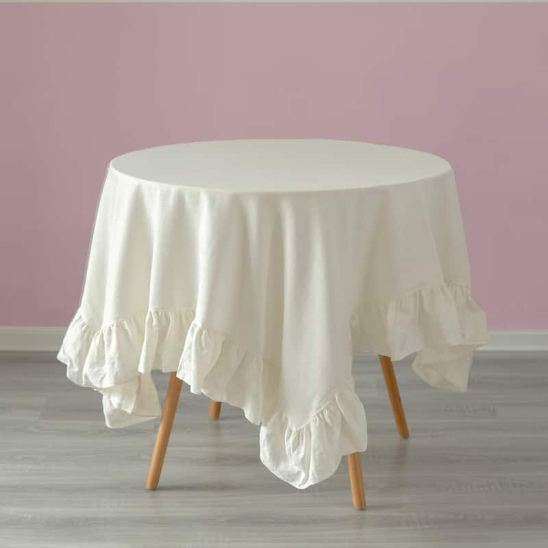 Deerlux 100% Pure Linen Washable Tablecloth with Ruffle Trim