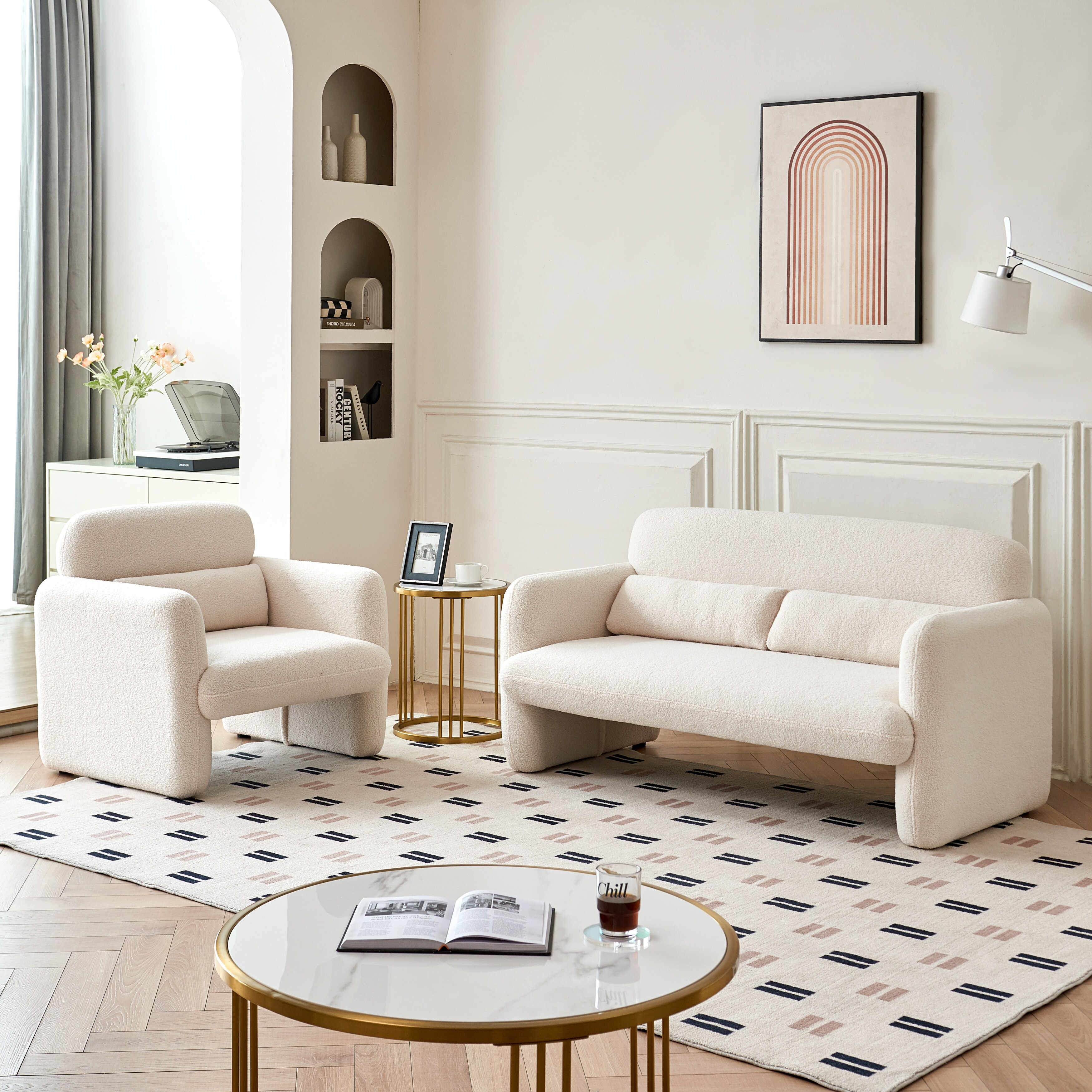 Beige Lamb Fabric Accent Loveseat Couches w 2 Lumbar Pillow Sofa