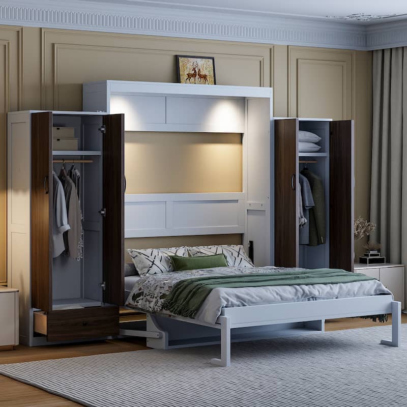 Full/Queen Size Murphy Bed Wall Bed, Wood Foldable Wall Platform Bed Frame with Closet, Drawers, Desk and LED Lights