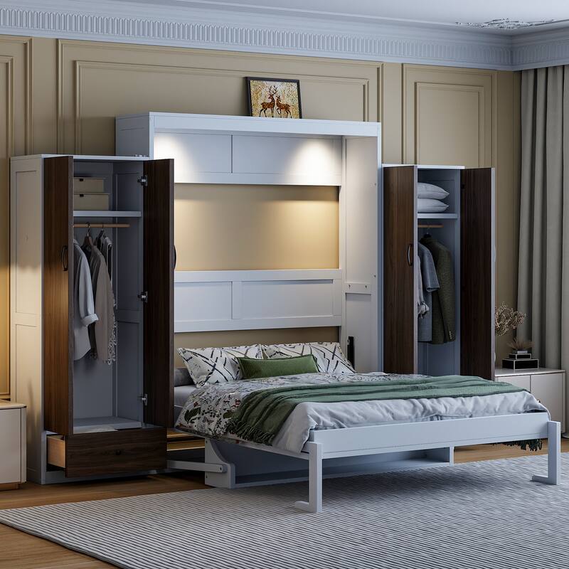 Space-Saving Murphy Bed with Built-In Desk, Closet, and Drawers, White