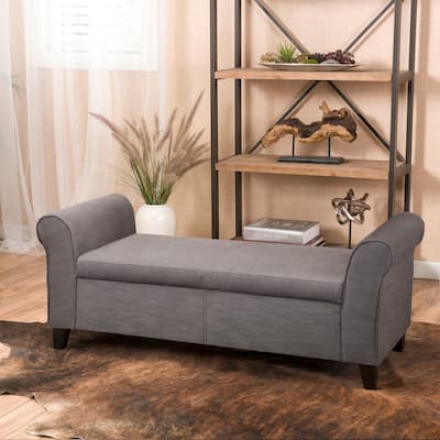 Gray Fabric Storage Bench with Rolled Arms 50W x 19.75D x 20.5H Upholstered Ottoman