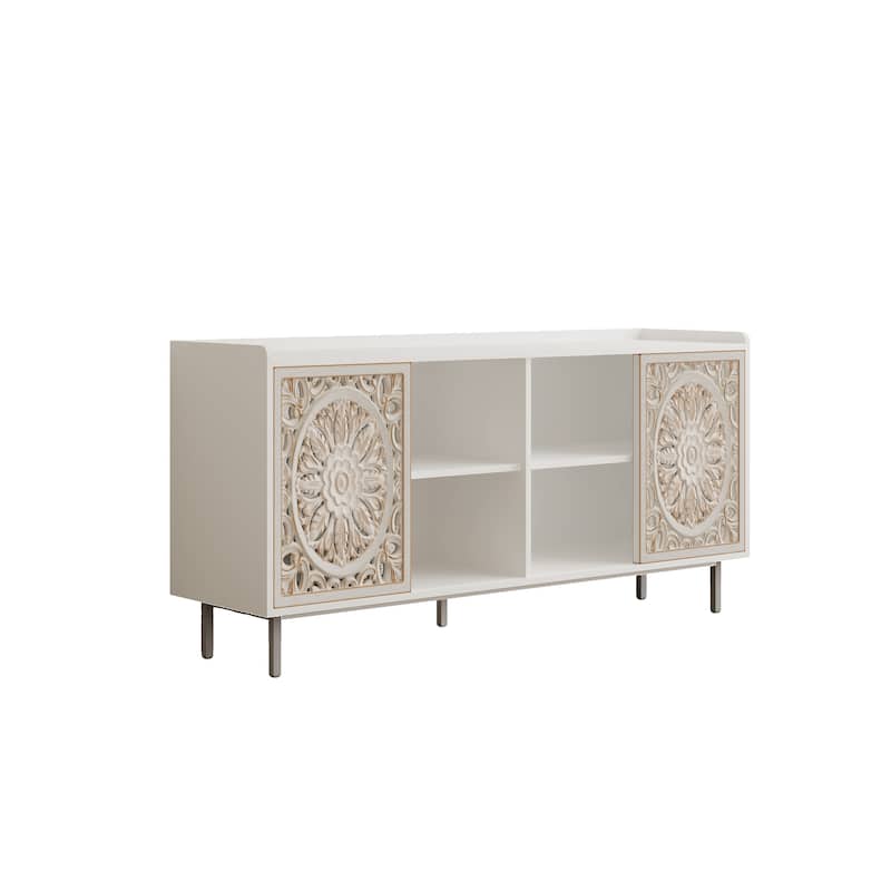 Sideboard Buffet Cabinet with Hollow-Carved Door, Storage Cabinet with Shelves, Kitchen Pantry with Solid Wood Legs