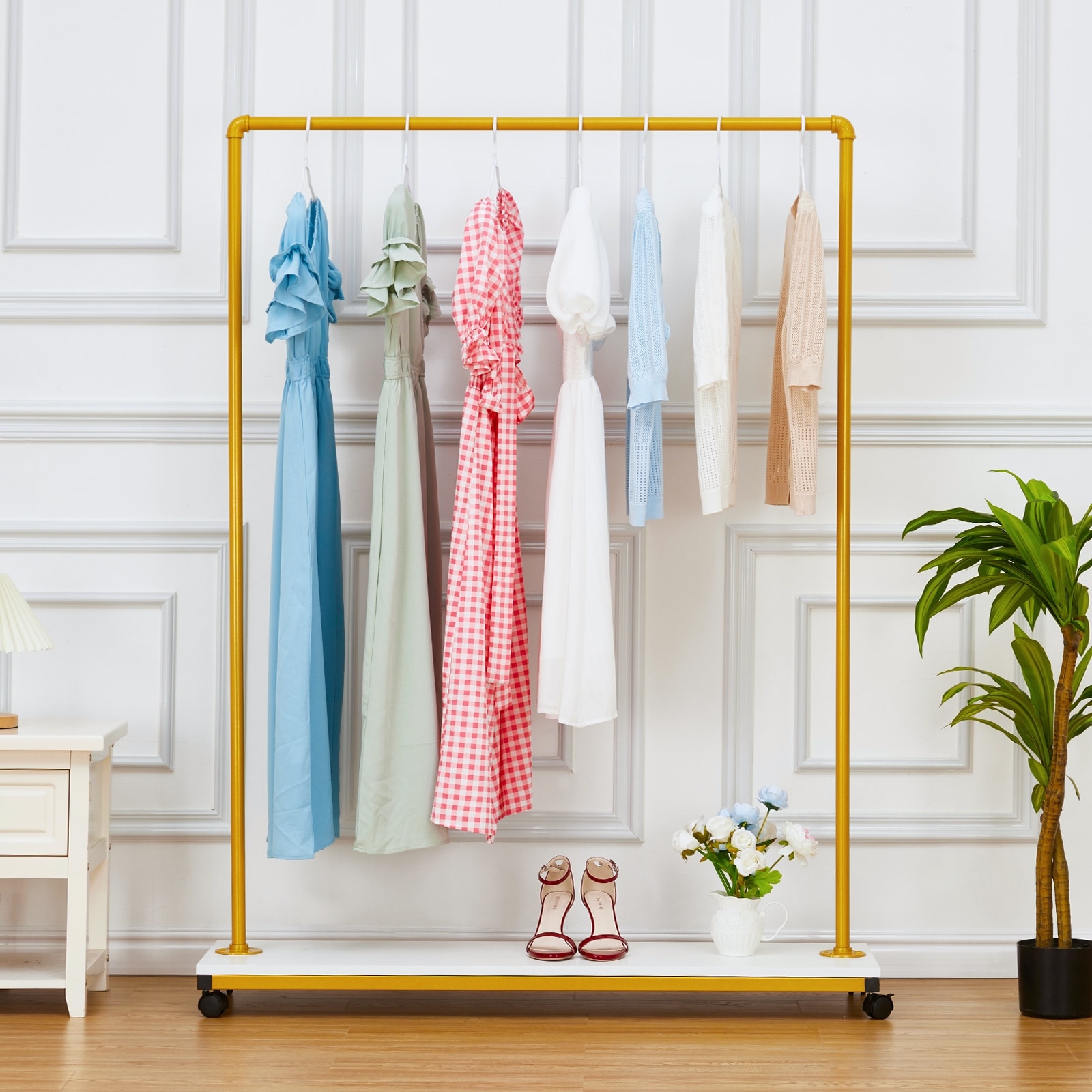 Metal garment rack with wood shelves outlet
