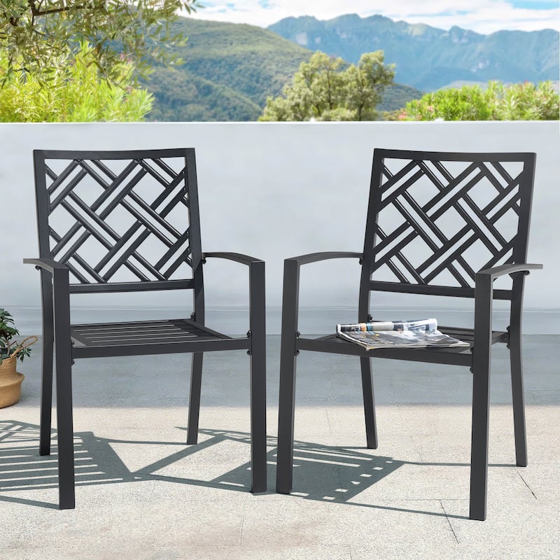 Patio 2-Piece Iron Dining Chairs with Ventilated Slatted Seat and Stackable Design - Black