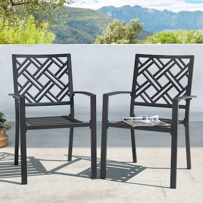 Patio 2-Piece Iron Dining Chairs with Ventilated Slatted Seat and Stackable Design