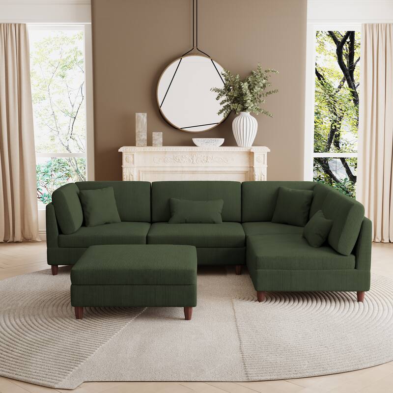 Corduroy Convertible Couch Modular Sectional Sofa with Ottoman