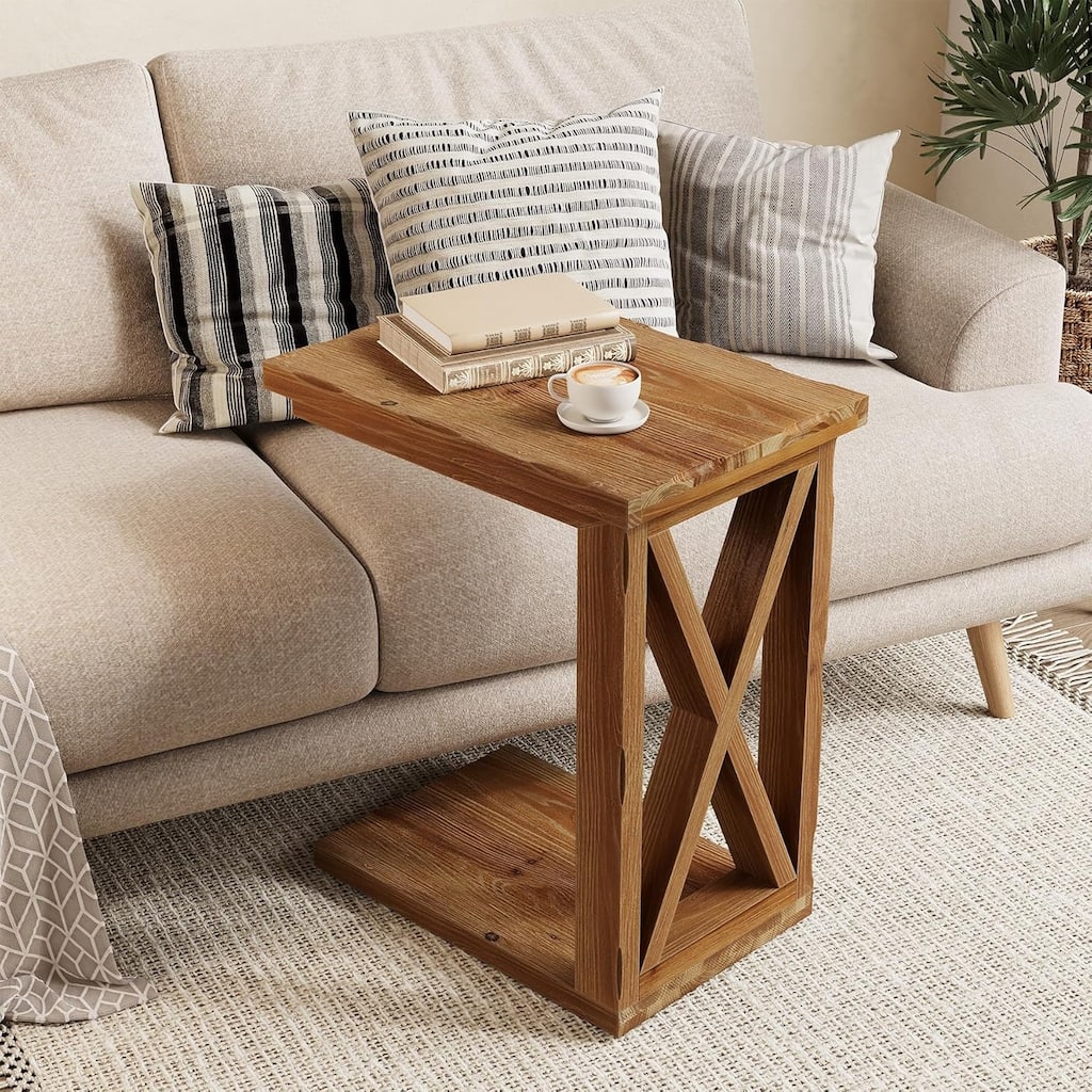 Solid Wood 2-Tier C Shaped End Table with Open Storage Shelf, Sofa Side Accent Table for Living Room & Bedroom Nightstand