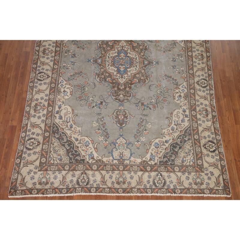 Hand Knotted Oriental 100% Wool Carpet Traditional Medallion Greys & Charcoal Tabriz Area Rug - 10' 9'' X 7' 2''