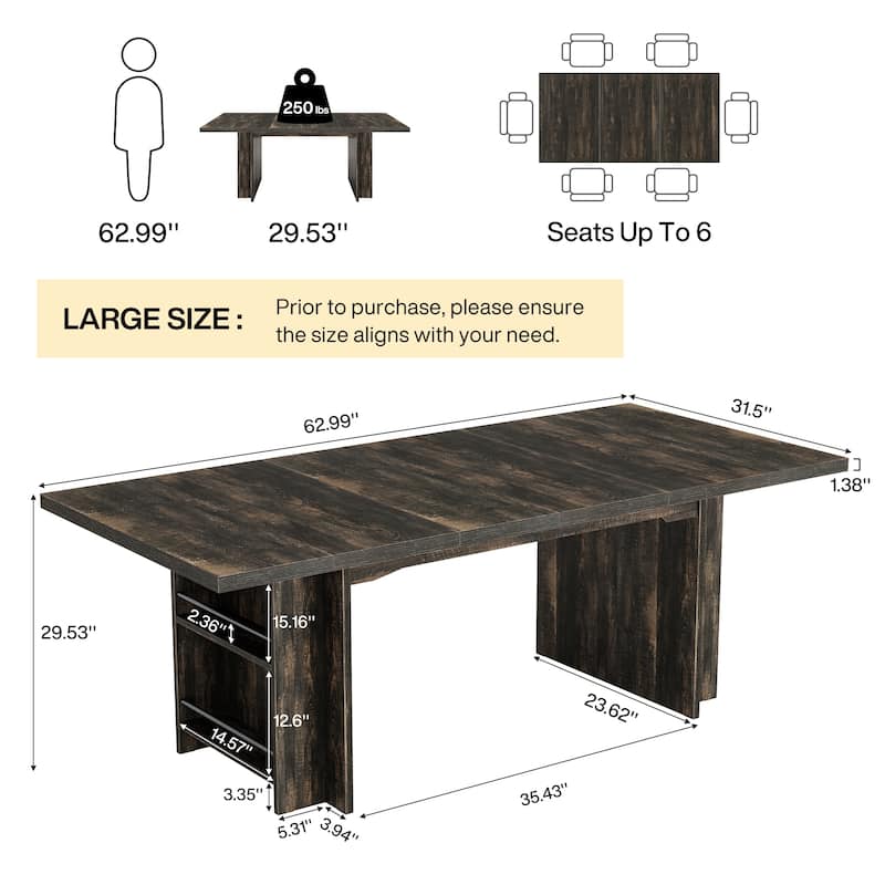 Farmhouse Dining Table for 6, 63-Inch Rectangular Wooden Kitchen Table with Storage