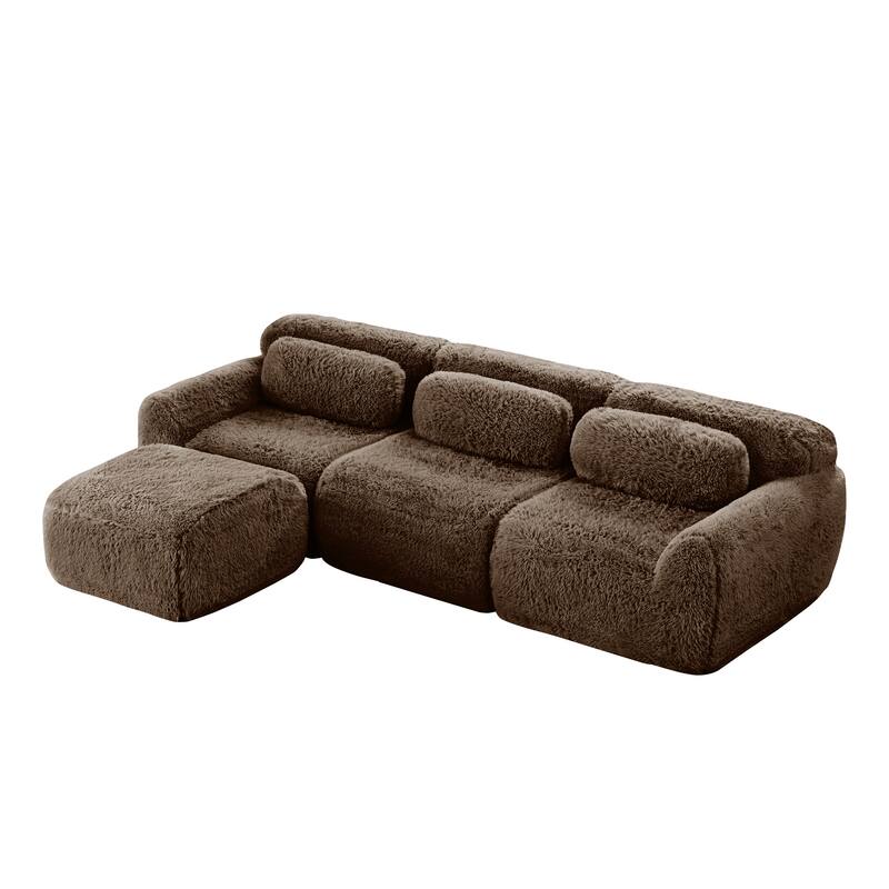 Anmytek Modern L-Shaped Boneless Sofa - Soft Fluffy Plush 32D High Density Sponge with Throw Pillows Movable Ottoman