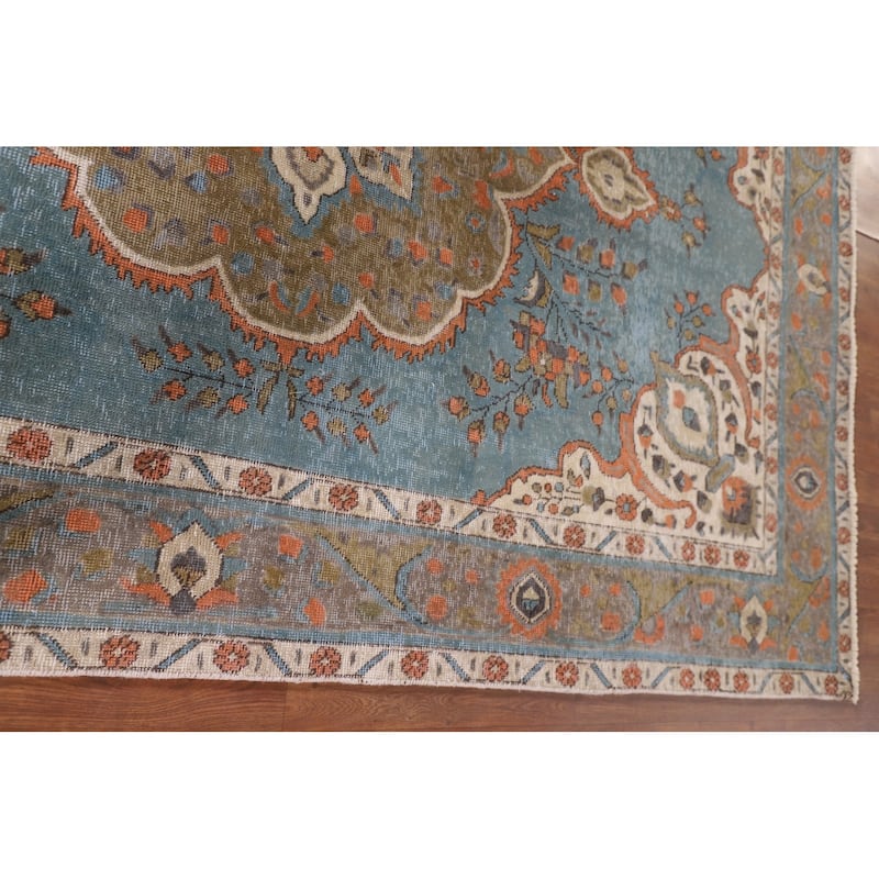 Over-Dyed Blue Tabriz Vintage Area Rug Handmade Wool Carpet - 6'5" x 9'5"