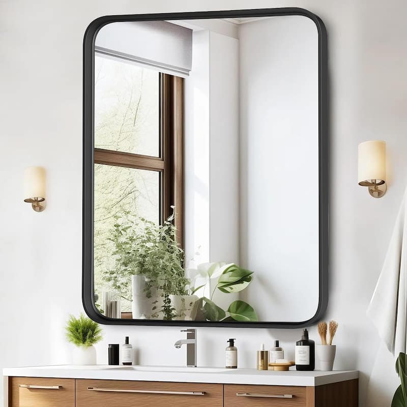 Black Aluminum Alloy Framed Vanity Rounded Rectangle Bathroom Mirrors for Over Sink Wall, Horizontally or Vertically Hanging