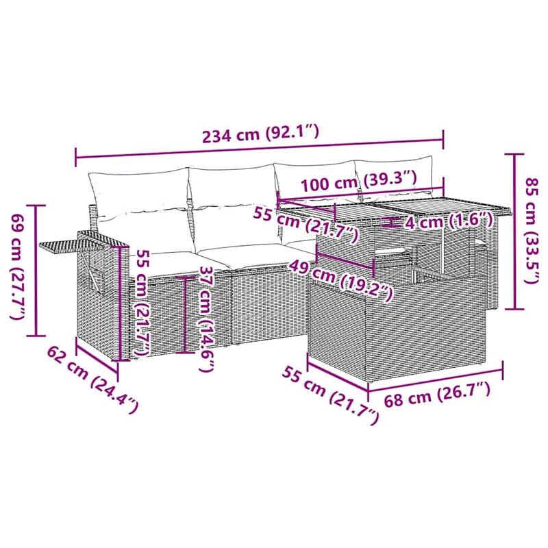 vidaXL Patio Sofa Set with Cushions Outdoor Furniture 5 Piece Poly Rattan