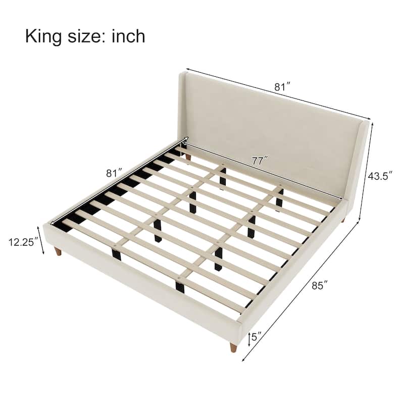 Velvet Upholstered Platform Bed Wingback Bed Low Profile Bed - Cream - King