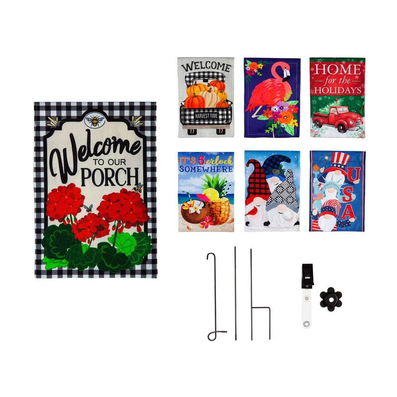 Burlap 4-Season Flags w/ Flag Stand, Set of 7, Welcome