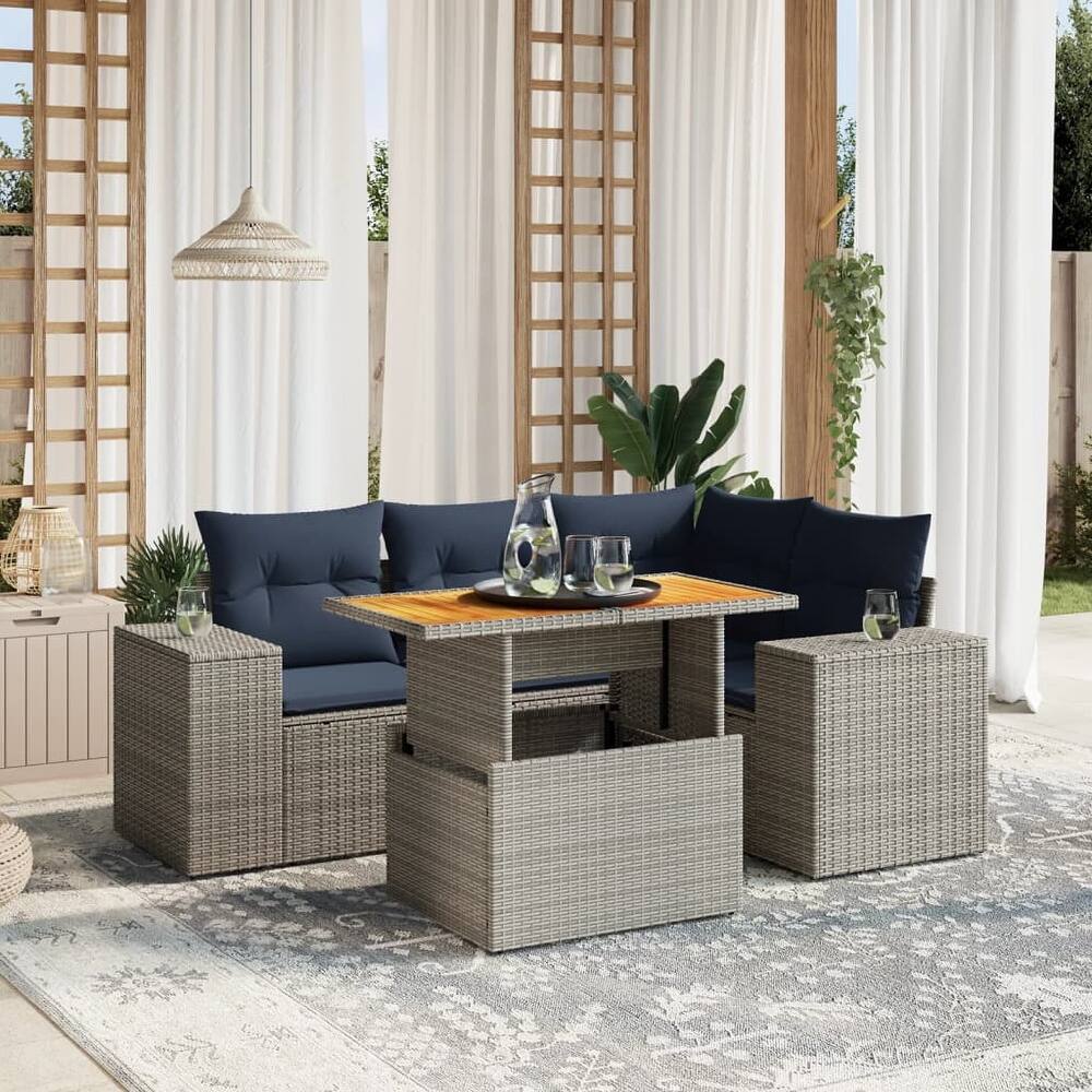 vidaXL Patio Sofa Set with Cushions Outdoor Furniture 5 Piece Poly Rattan