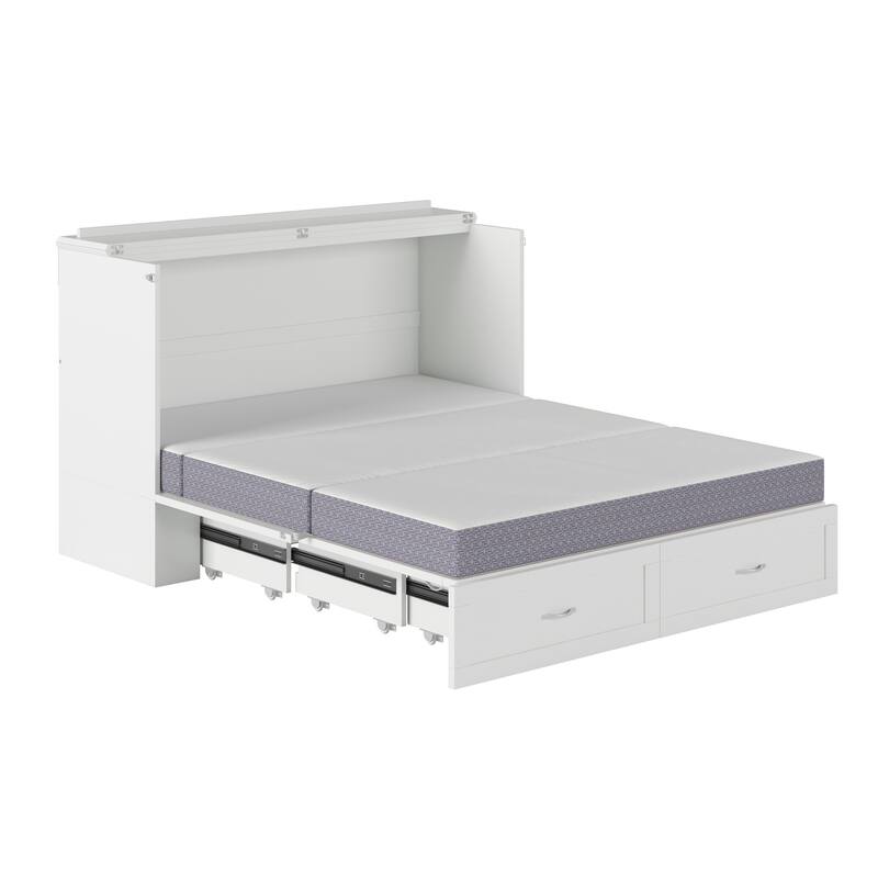 Murphy Bed Chest Solid Wood Queen Size with Mattress USB Charging Station White Finish Home Furniture