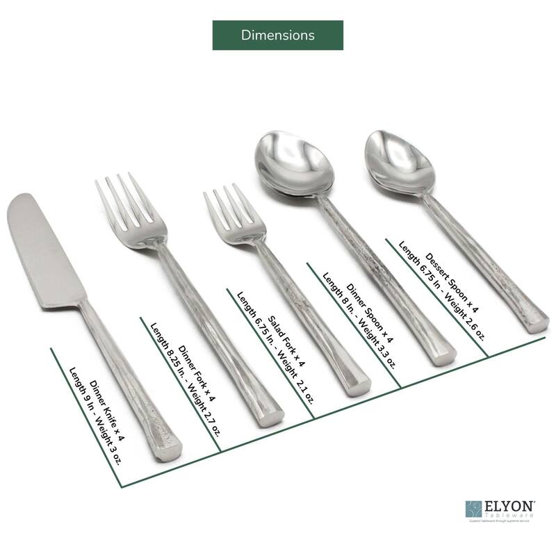 Elyon Lavista Reflective Silver 20 Piece Flatware Set Indian Artisan-Made Set Hand-Forged Stainless Steel Service for 4