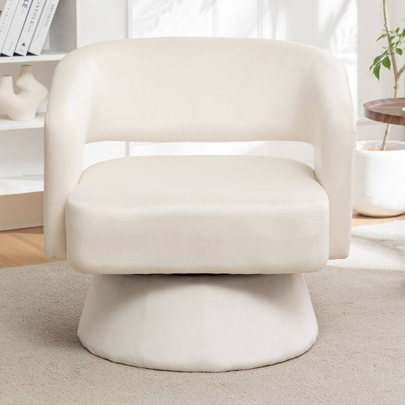 White Modern 30.1" Upholstered 360° Swivel Barrel Chair with Open Backrest and Solid Wood Frame